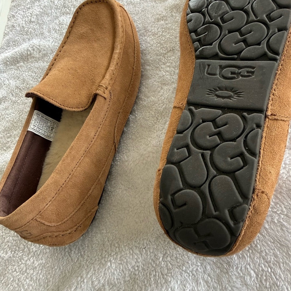 UGG Men's Chestnut Suede Shearling Lined Moccasin Slippers NEW